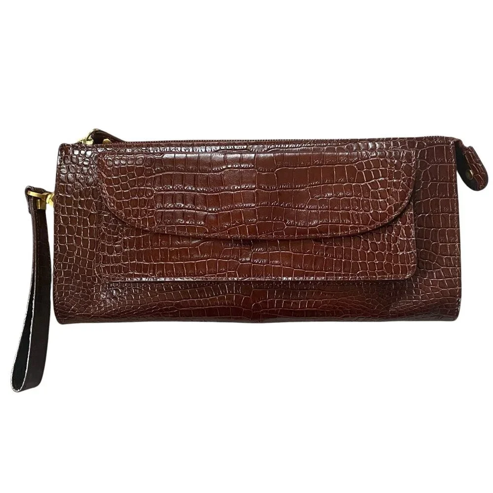 Talbots women's brown genuine leather zip clutch wristlet bag purse cardholder